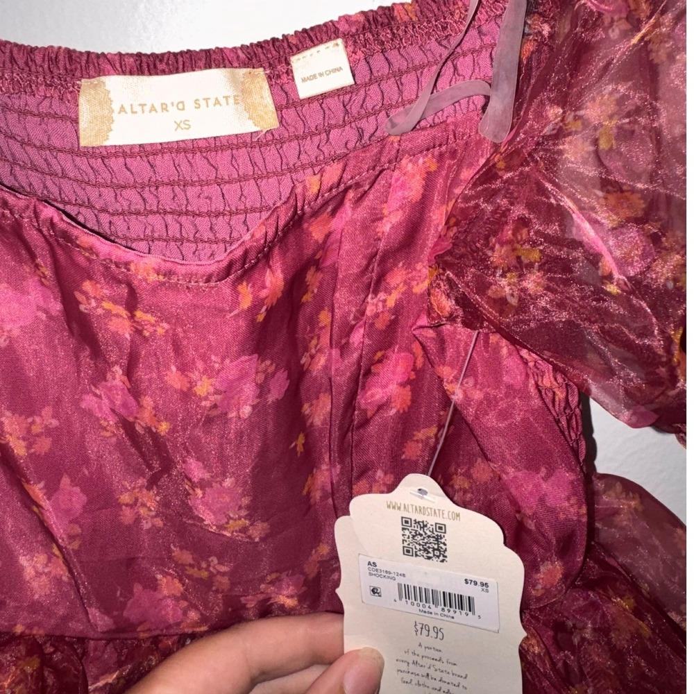 Altar'd State Shocking Pink Floral Puff Sleeve Tulle Skirt Mini Dress XS NWT - Picture 3 of 4
